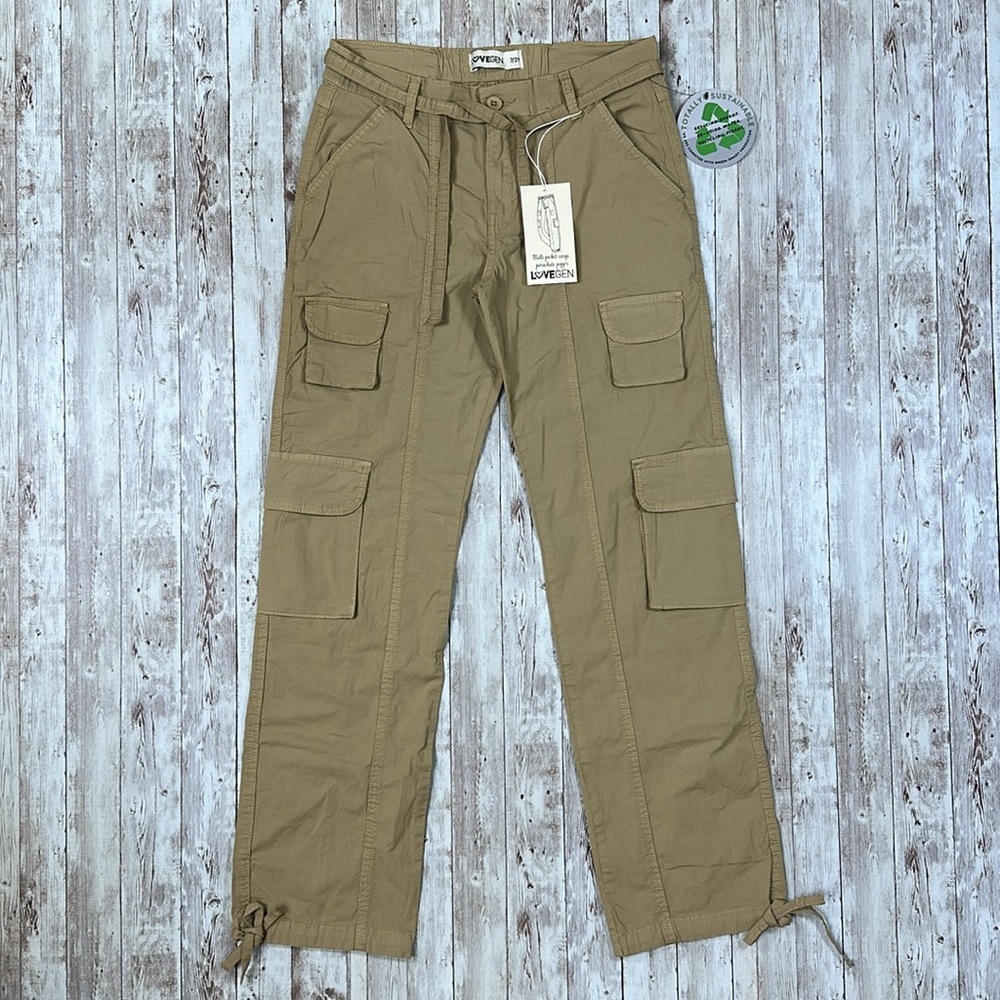 LOVEGEN Multi Pocket Cargo Parachute Jogger Pants sz 7/29 Utility Light Khaki